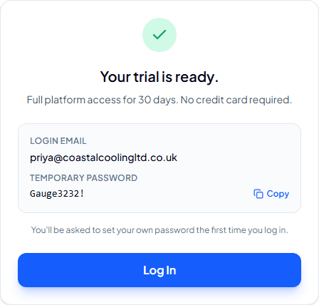 “Your trial is ready” confirmation showing a login email and temporary password