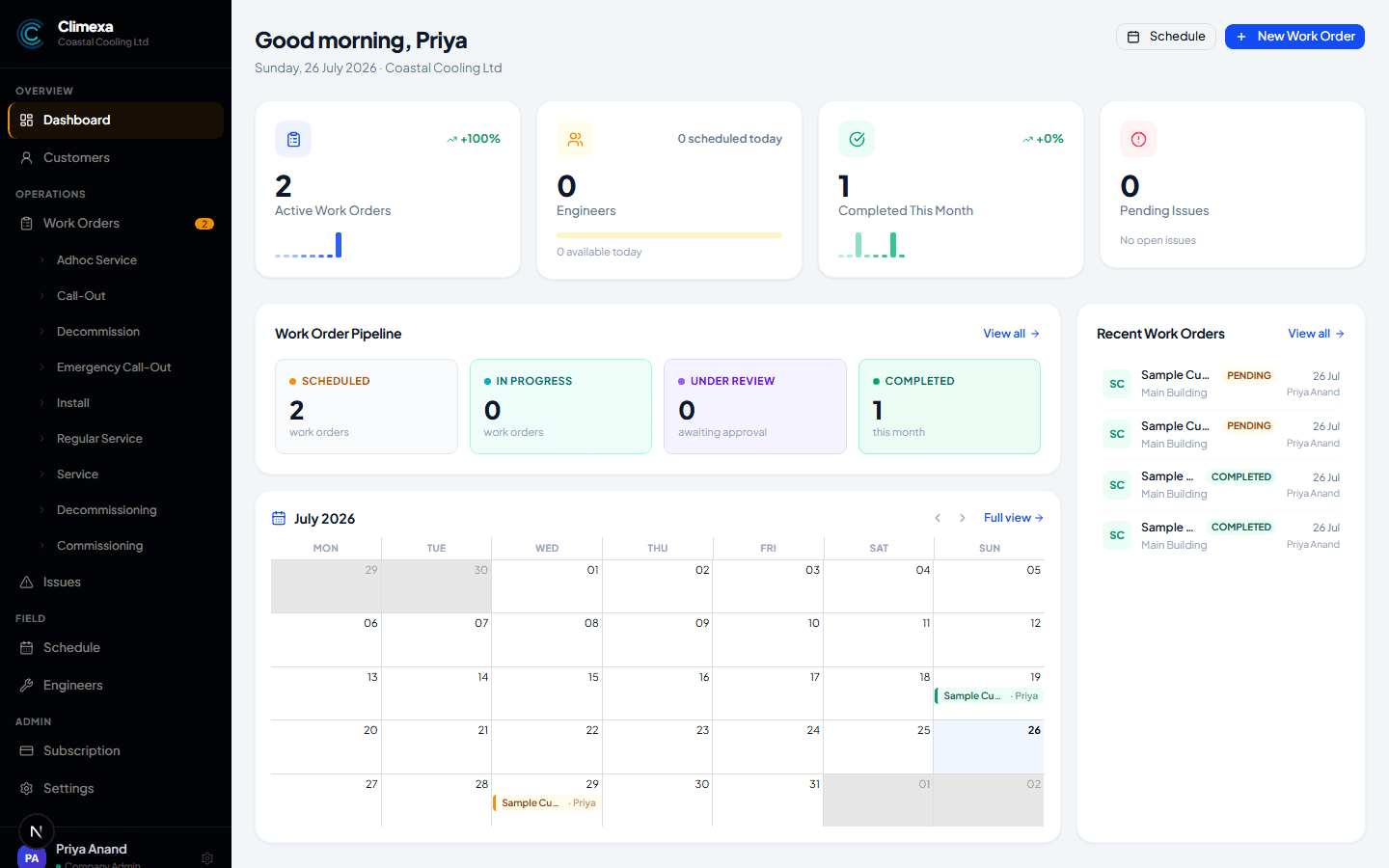 Climexa dashboard on first login, showing a greeting, work order pipeline and calendar