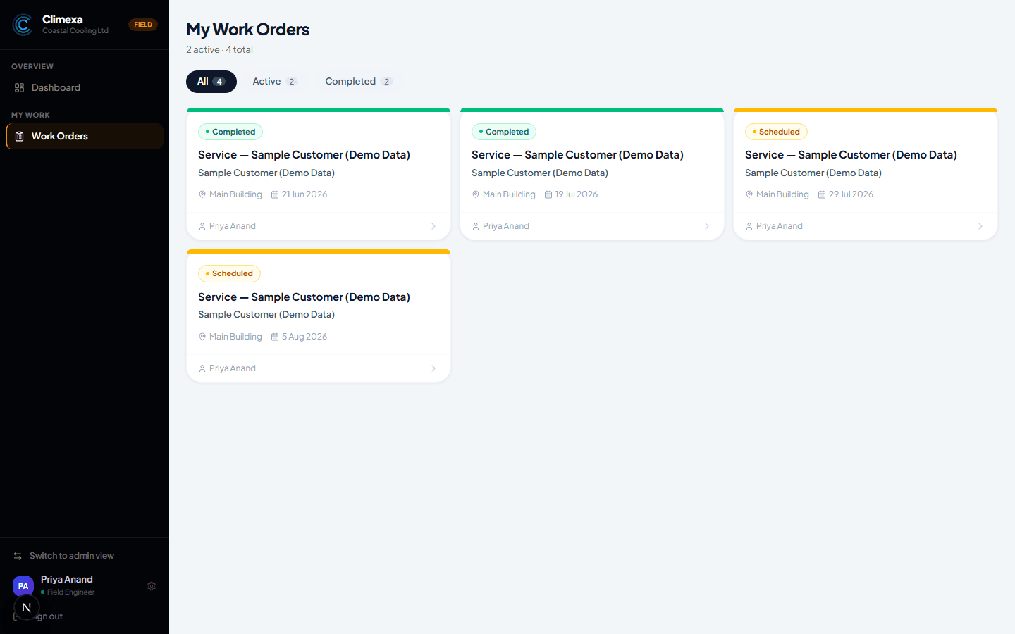 My Work Orders in field view, showing only work orders assigned to this engineer