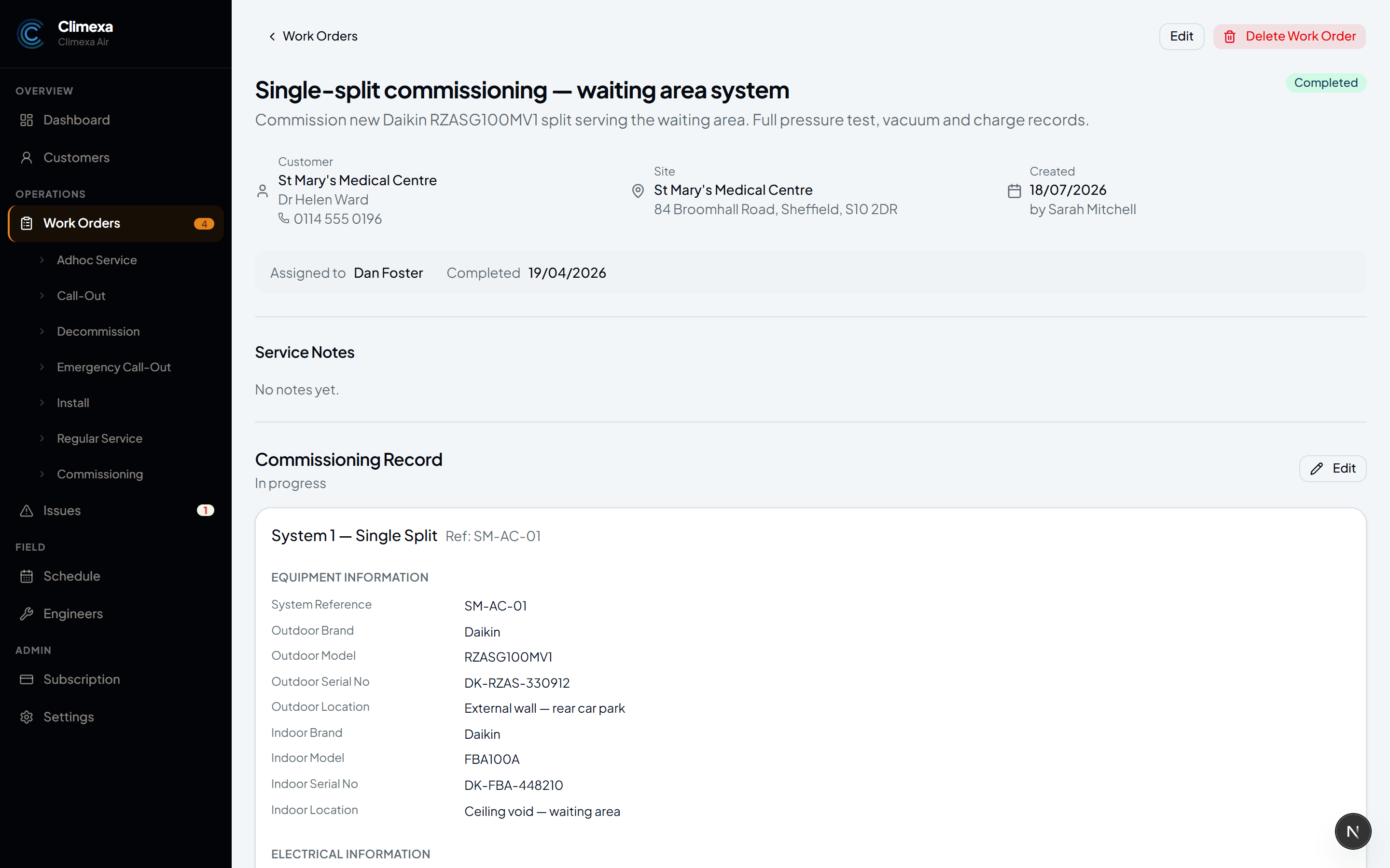 Climexa product screenshot — Commissioning record