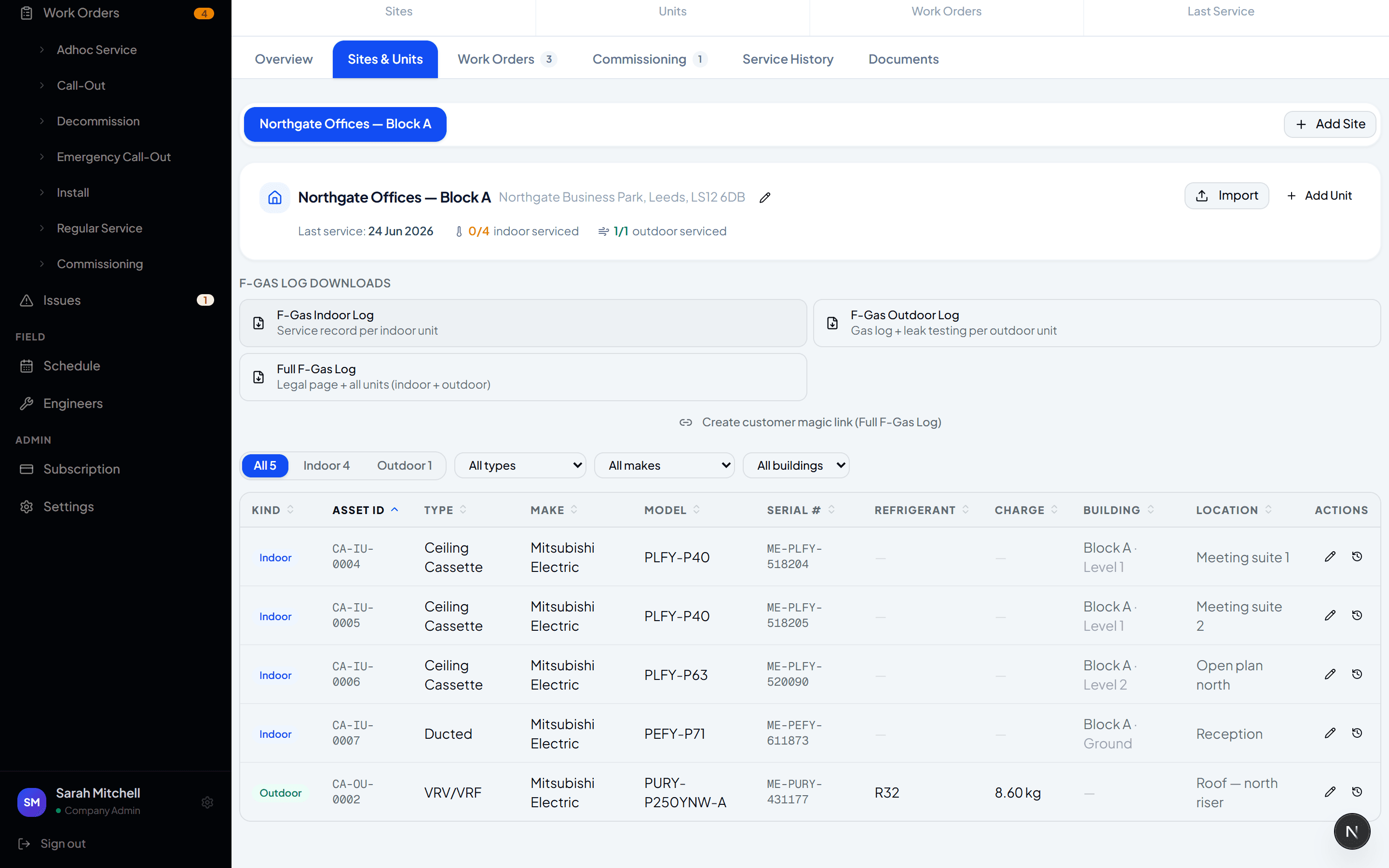 Climexa product screenshot — Asset register
