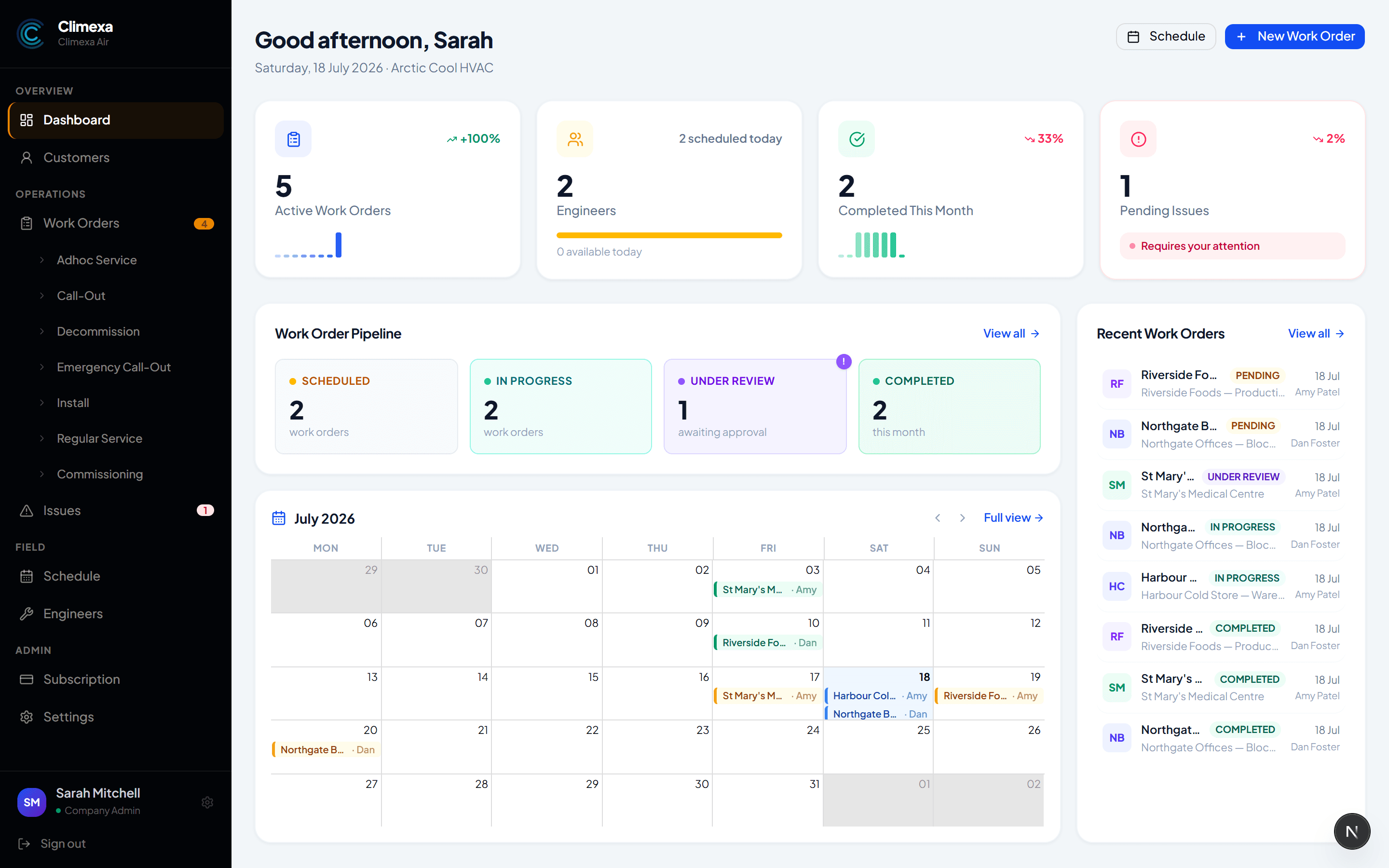 Climexa operations dashboard showing active work orders, engineer availability, the work order pipeline and the monthly schedule