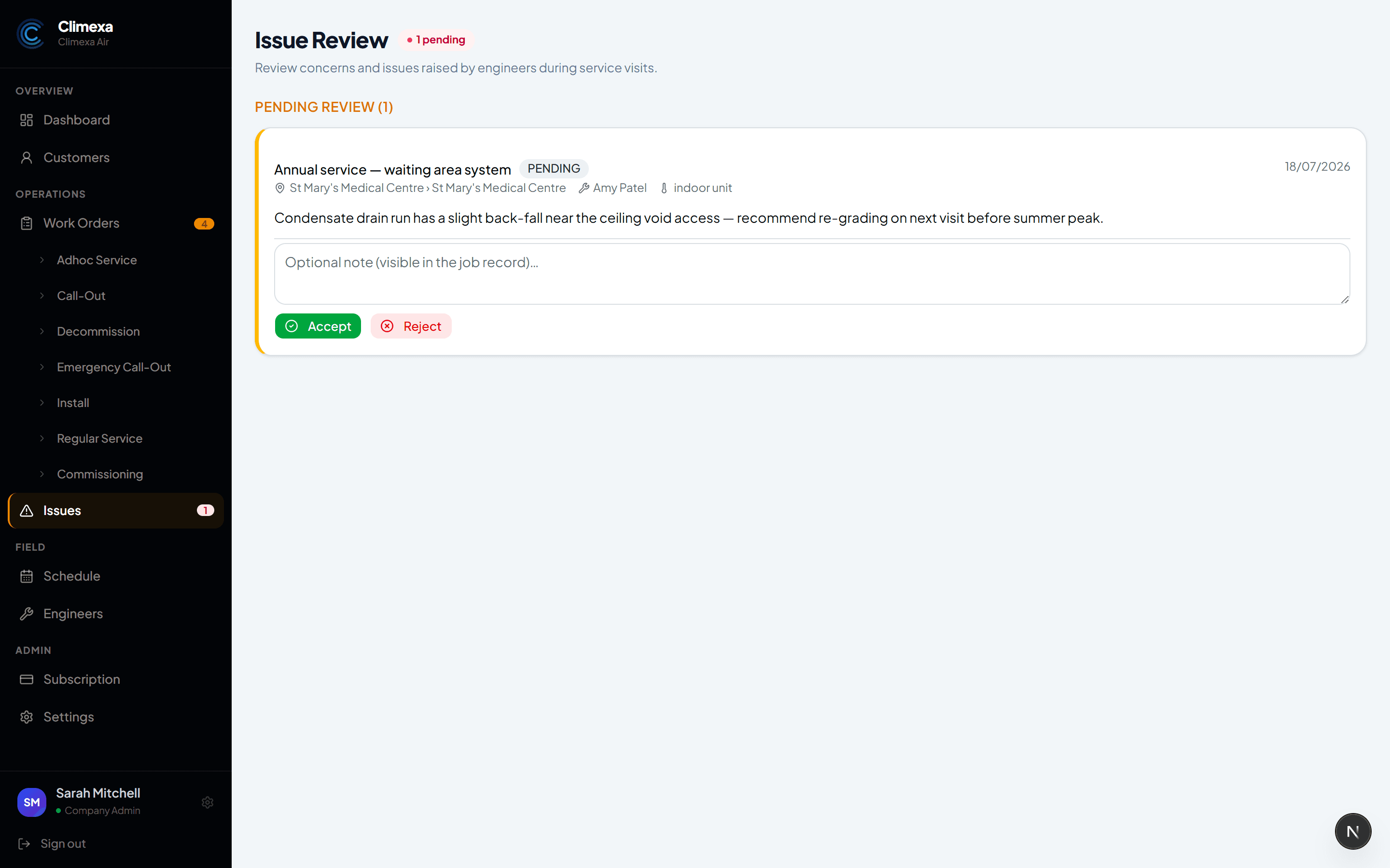 Climexa product screenshot — Engineer activity feed