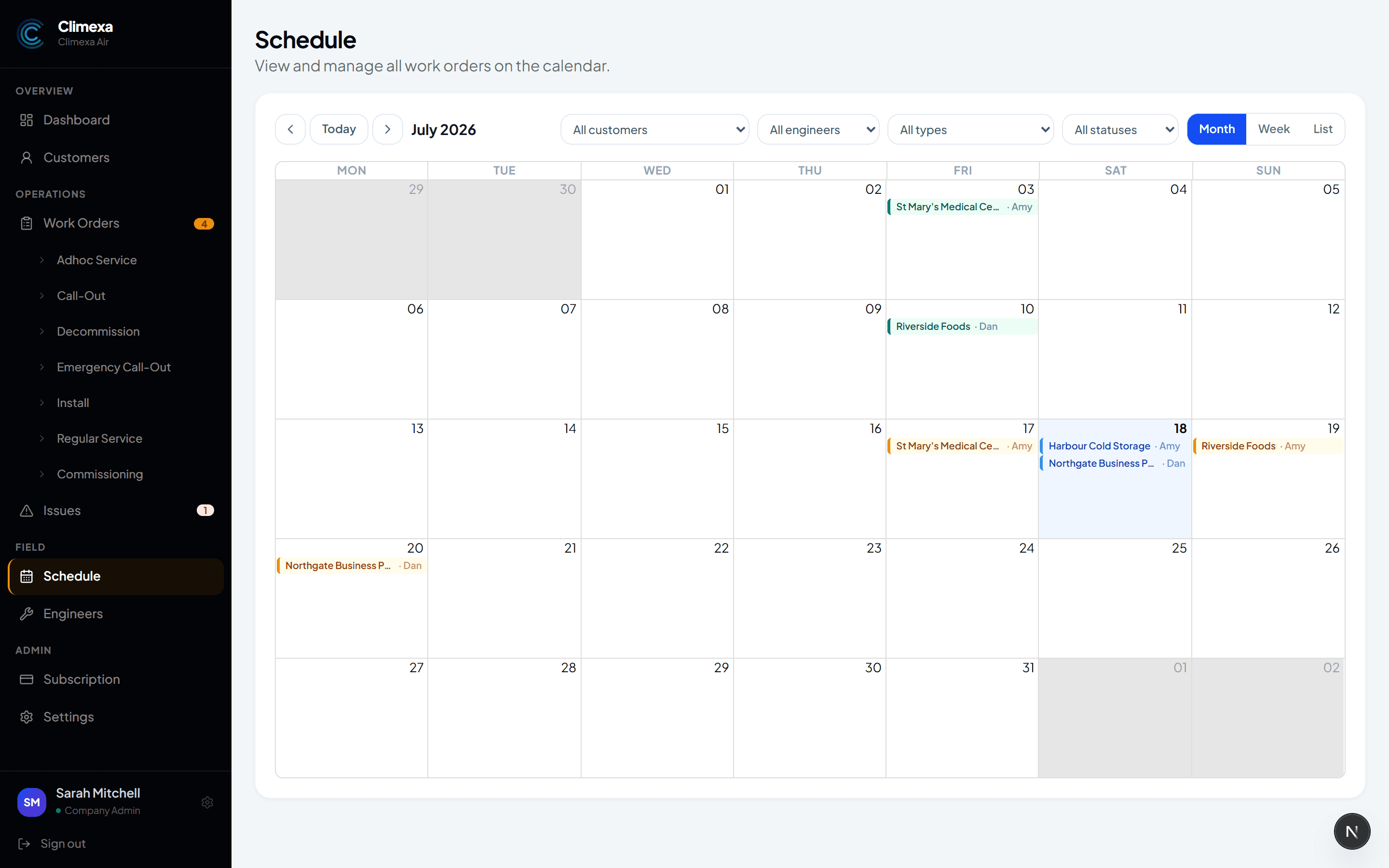 Climexa product screenshot — Scheduling calendar
