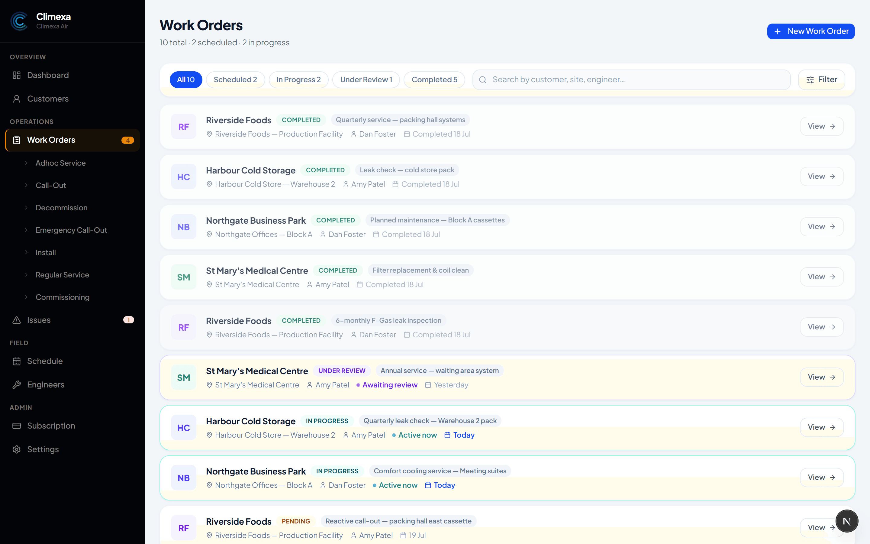 Climexa product screenshot — Work order board