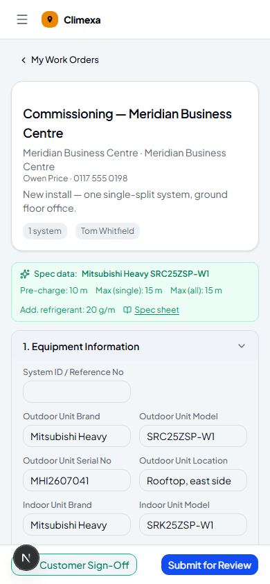 Equipment Information section filled in, with matching spec data shown automatically above it