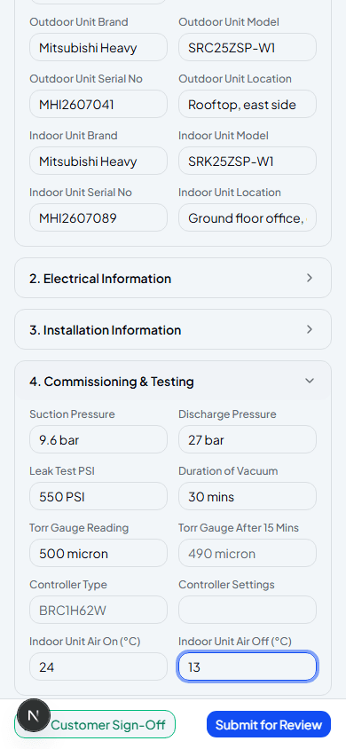 Commissioning and Testing section filled in with pressures, vacuum and temperature readings