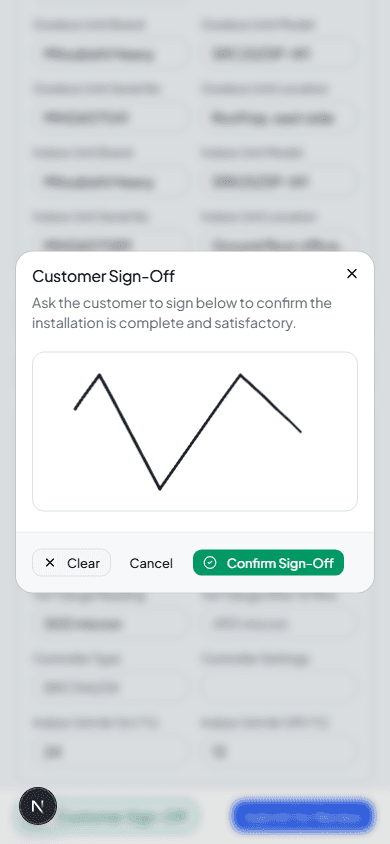 Customer Sign-Off signature pad with a signature drawn on it