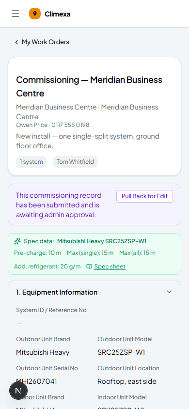 Submitted commissioning record showing the awaiting-approval banner and Pull Back for Edit button