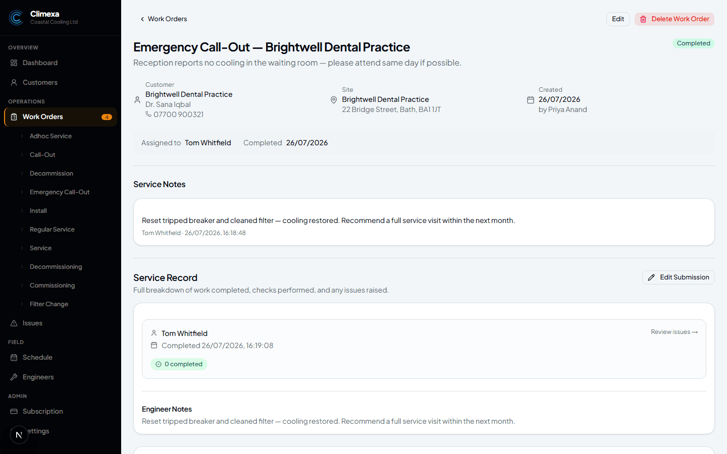 Work order page showing a Completed badge after approval, with the review banner gone