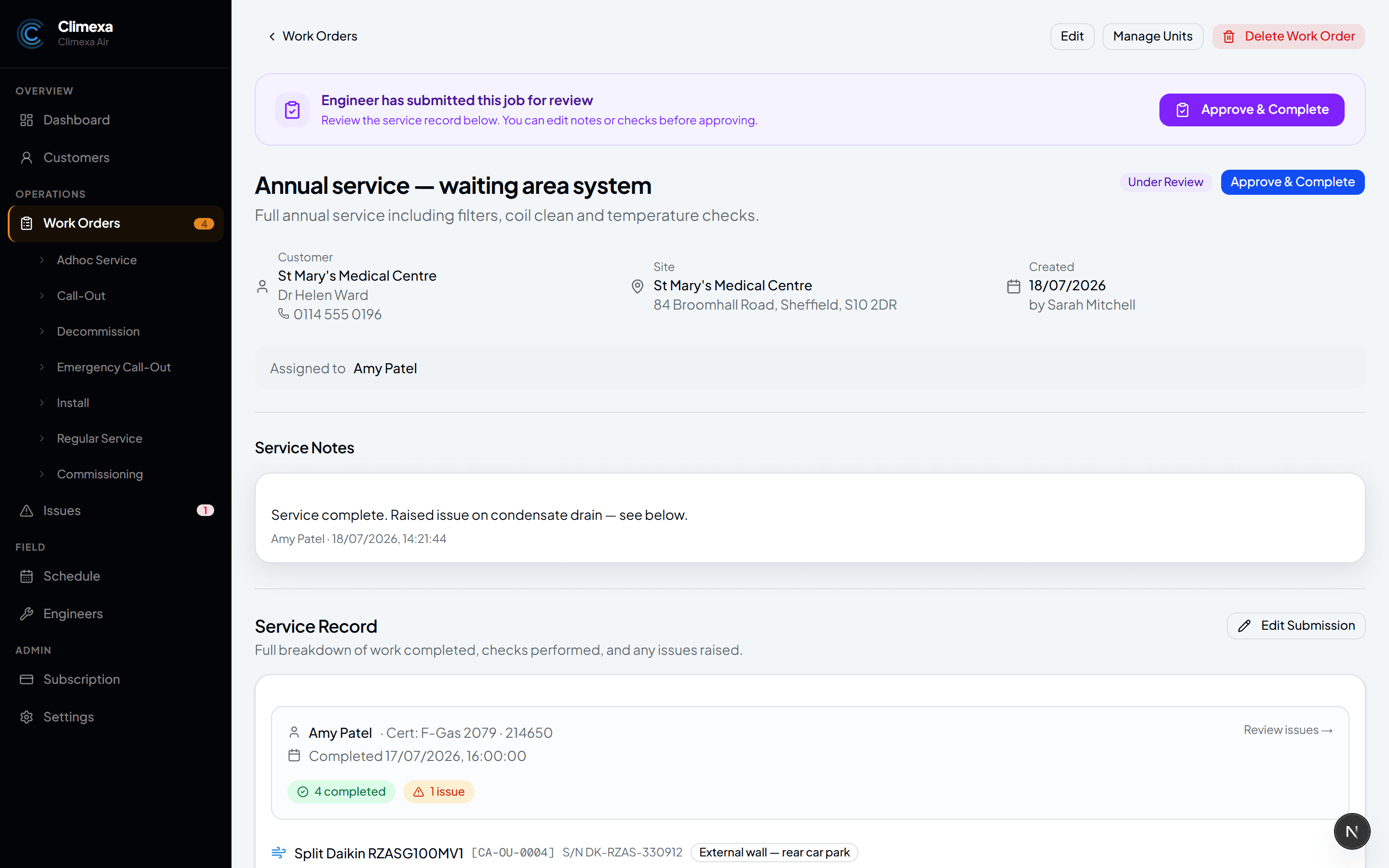 Climexa product screenshot — Service report preview